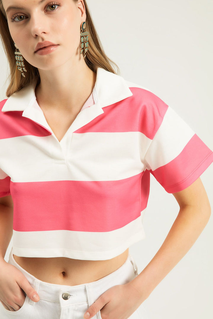 Polo Neck Striped Crop Blouse Candy Pink