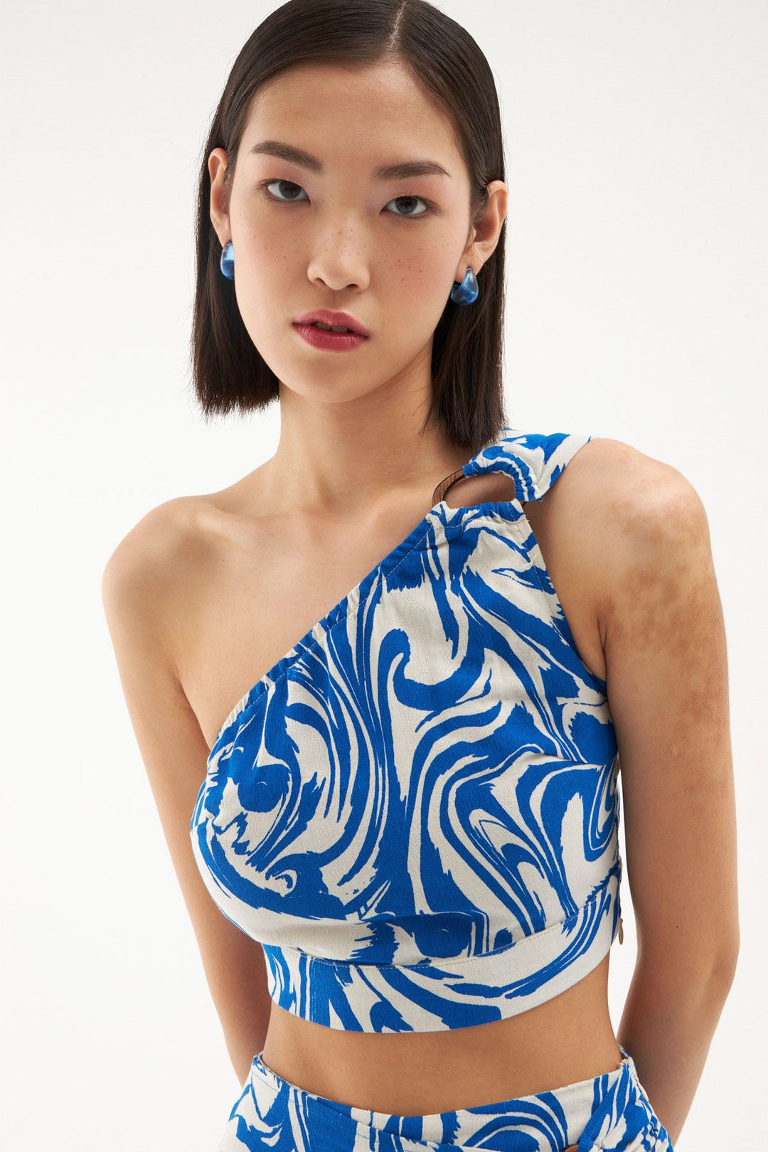 Patterned One Shoulder Blouse Blue