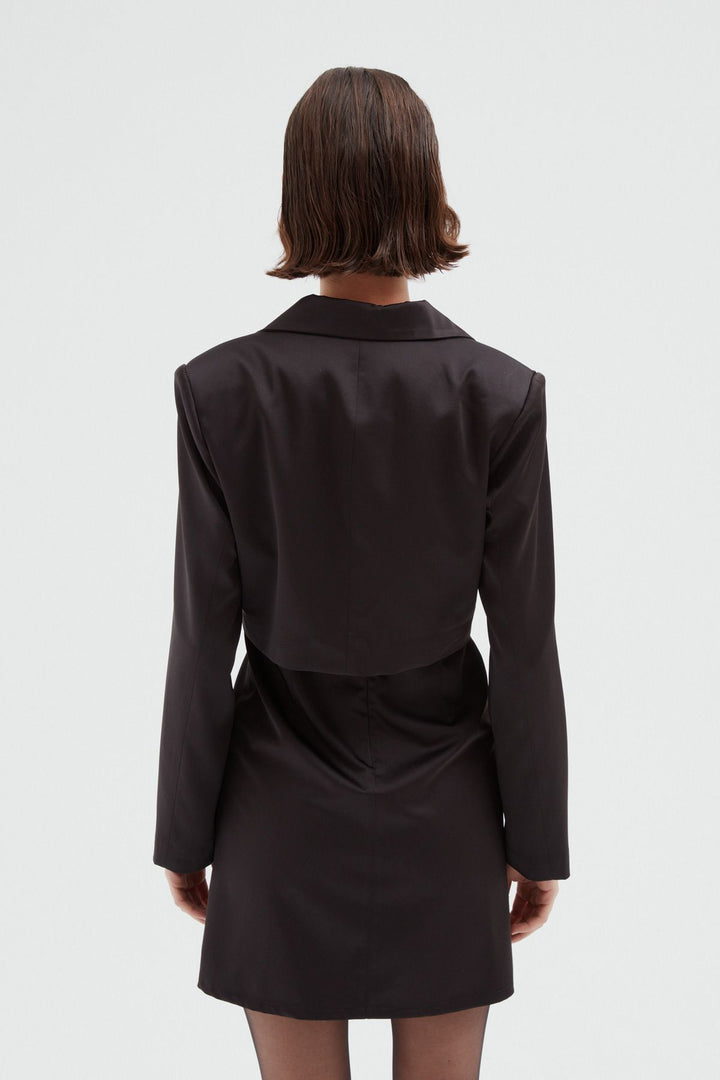 Crop Saten Blazer Ceket Siyah