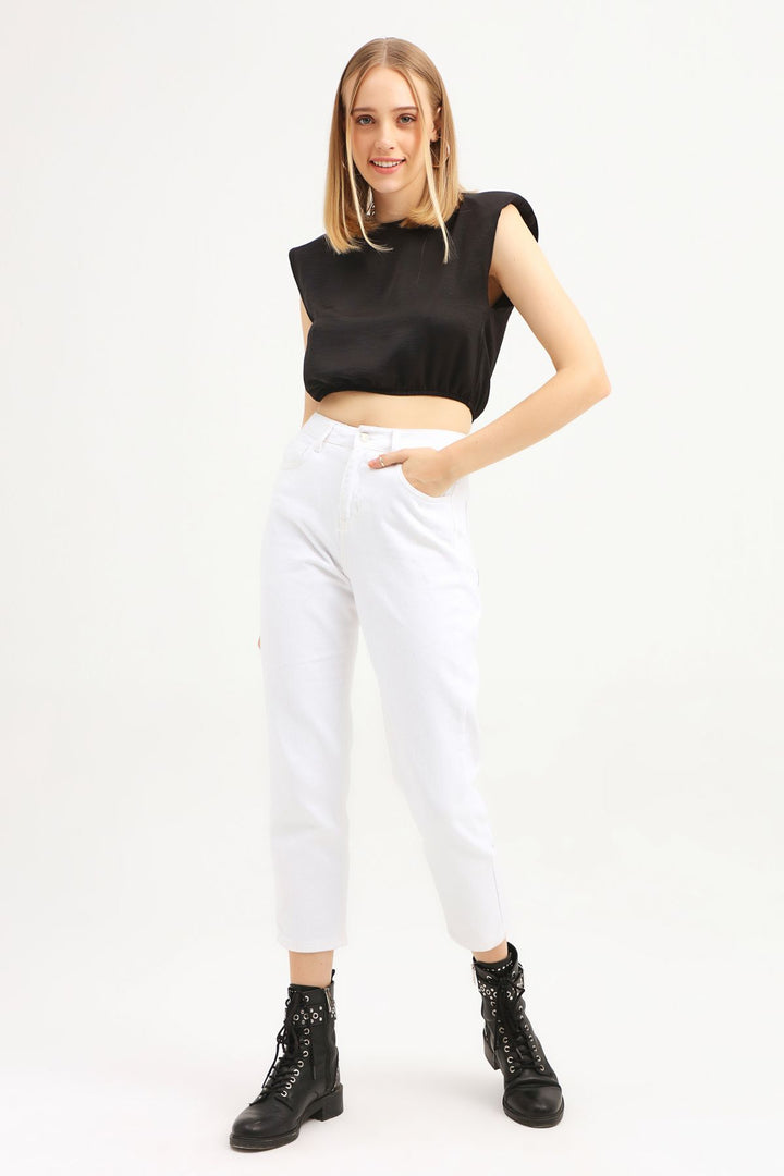 Waistband Crop Blouse Black
