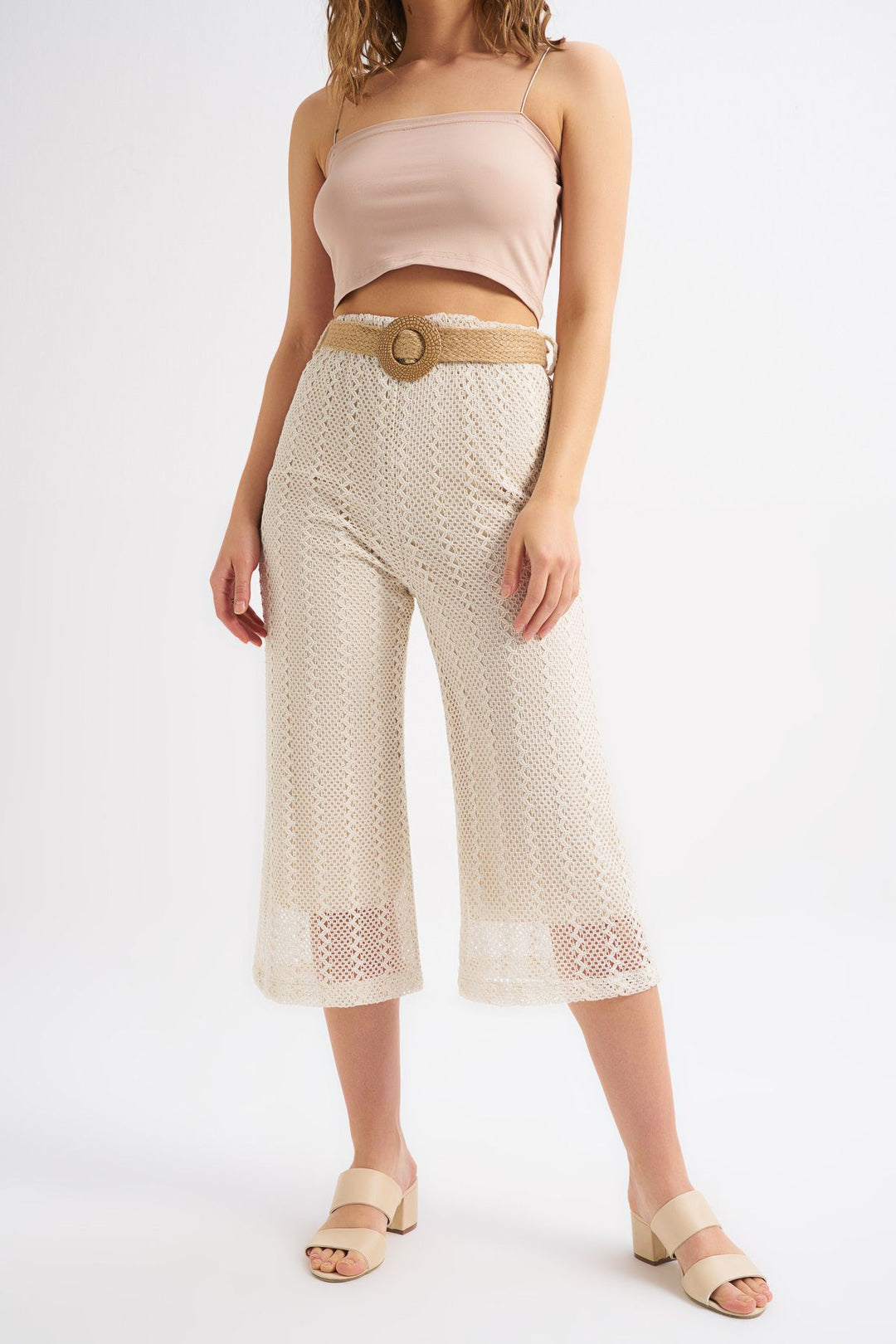 Güpür Hasır Kemerli Pantolon Ekru