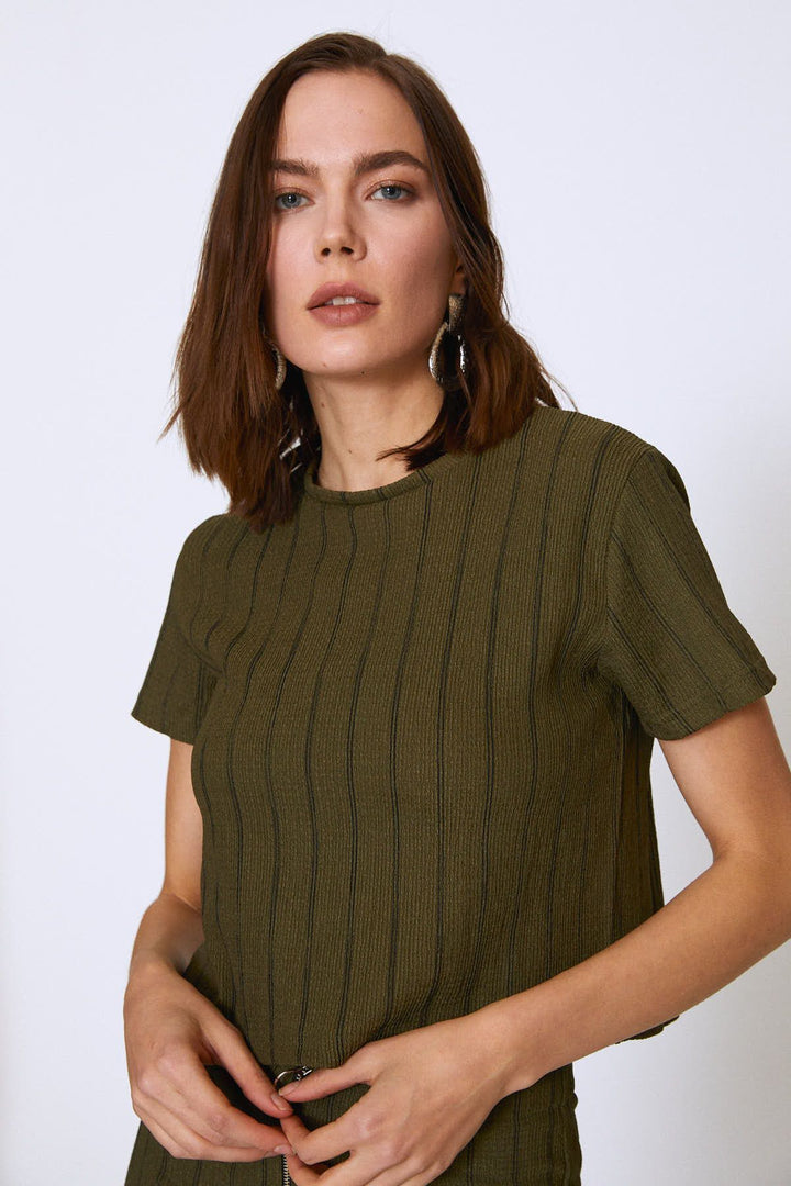 Crew Neck Striped Crop Blouse Khaki