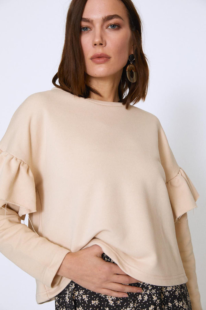 Crew Neck Sleeves Frilly Sweatshirt Beige