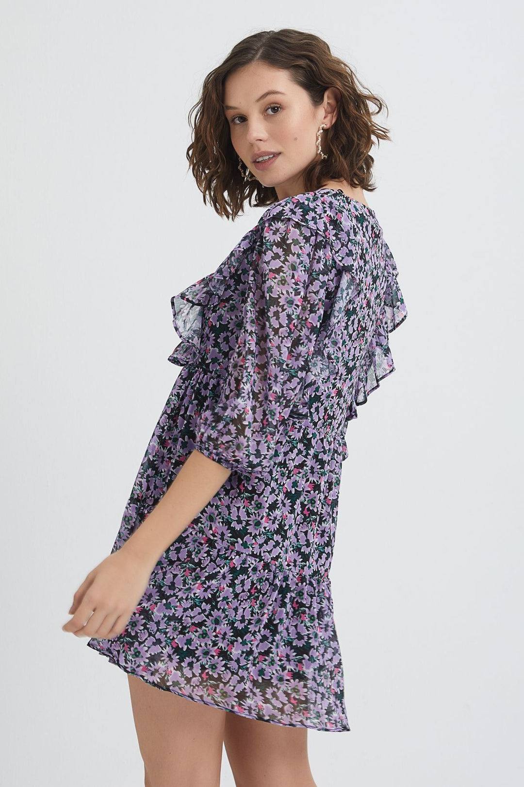 Floral Patterned V-Neck Dress Lilac