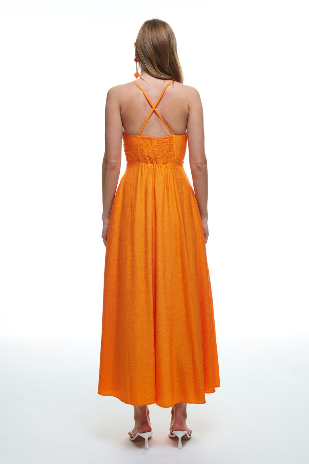 Square Neck Pocket Long Dress Orange
