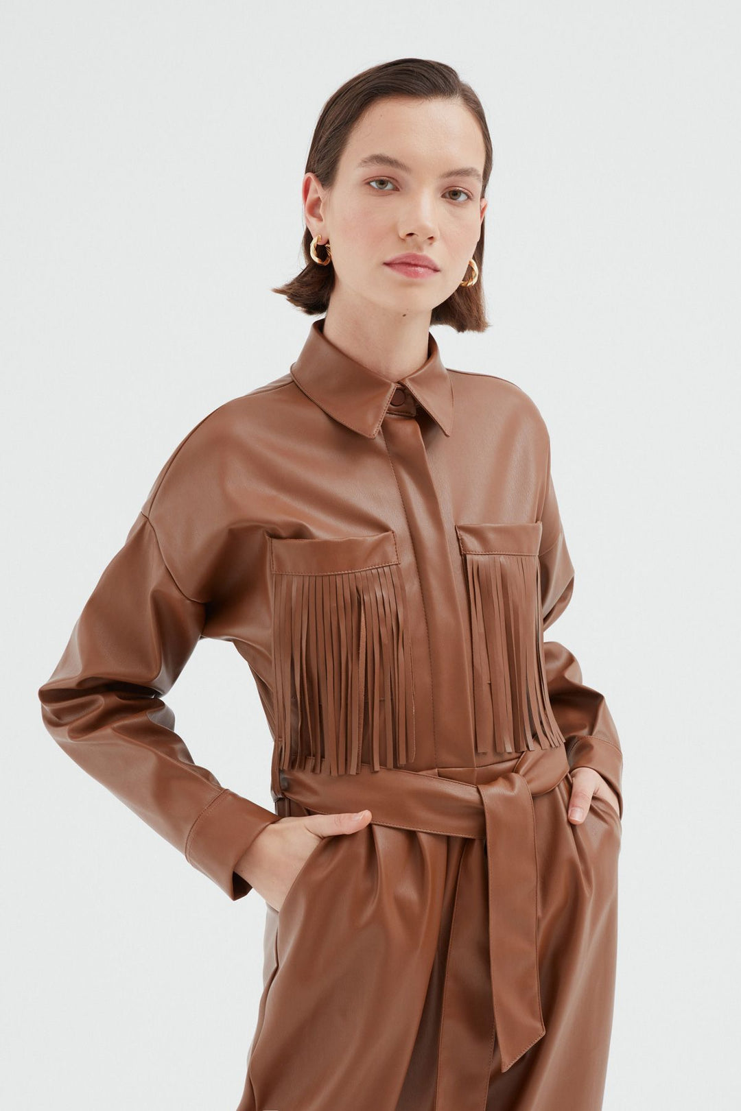 Cepleri Püsküllü Deri Tulum Kahverengi