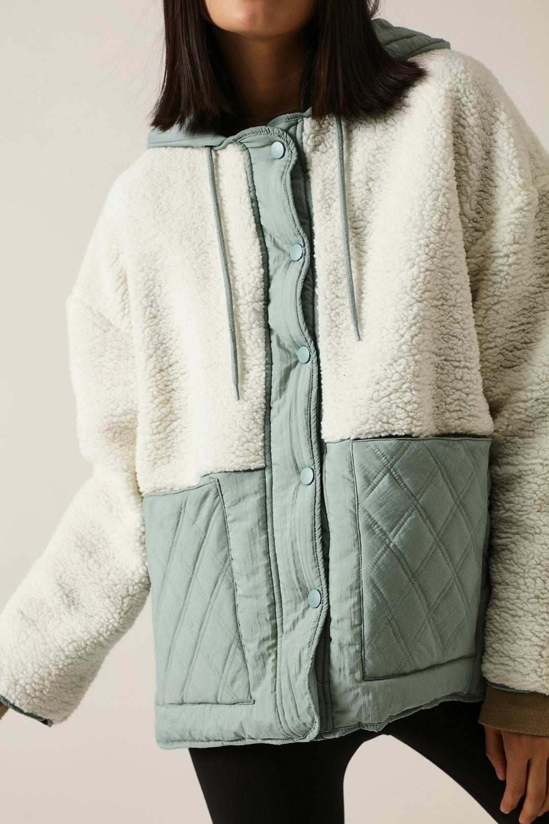 Hooded Plush Detailed Coat Ecru