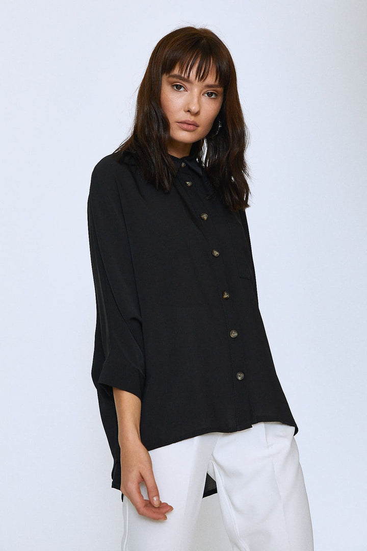 Uzun Oversize Cepli Gömlek Siyah