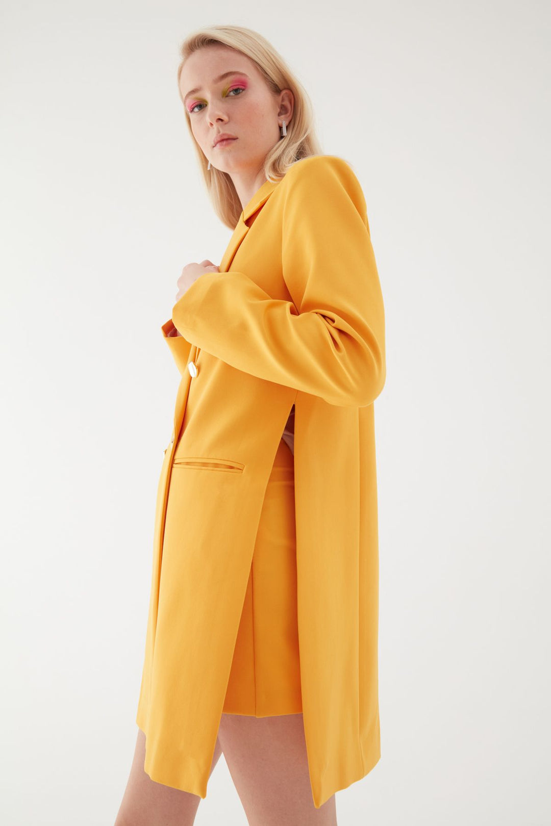 Yanı Yırtmaçlı Uzun Blazer Ceket Turuncu
