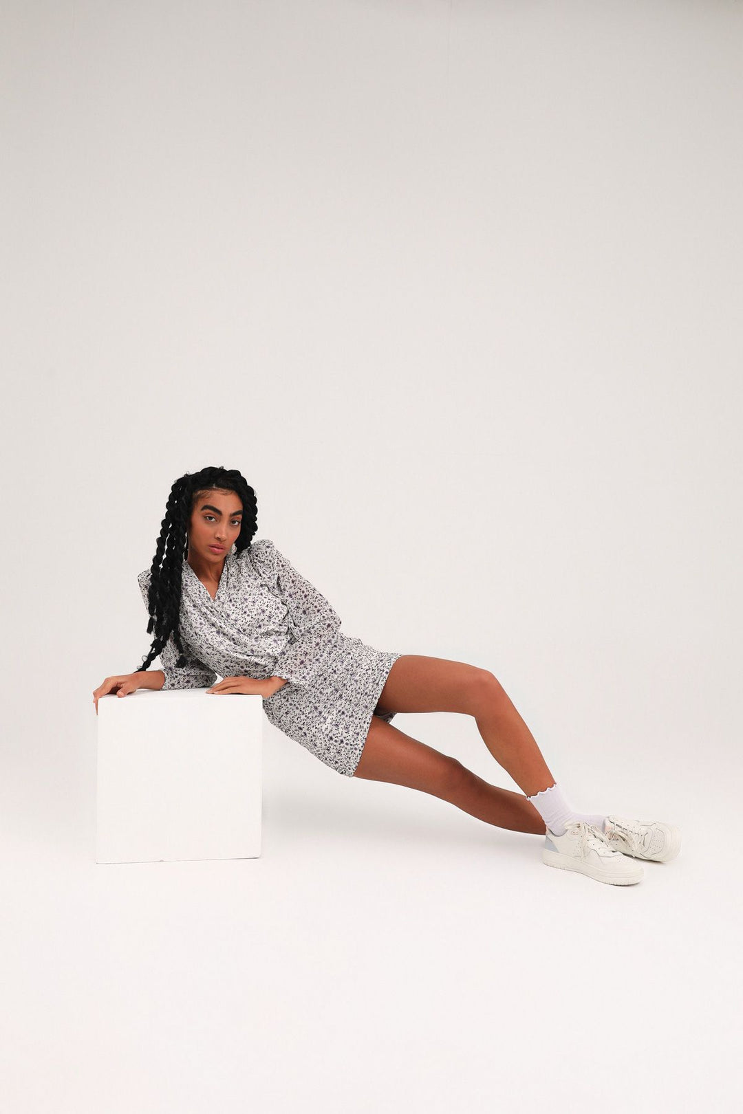 Patterned Pleated Double Breasted Mini Dress Ecru