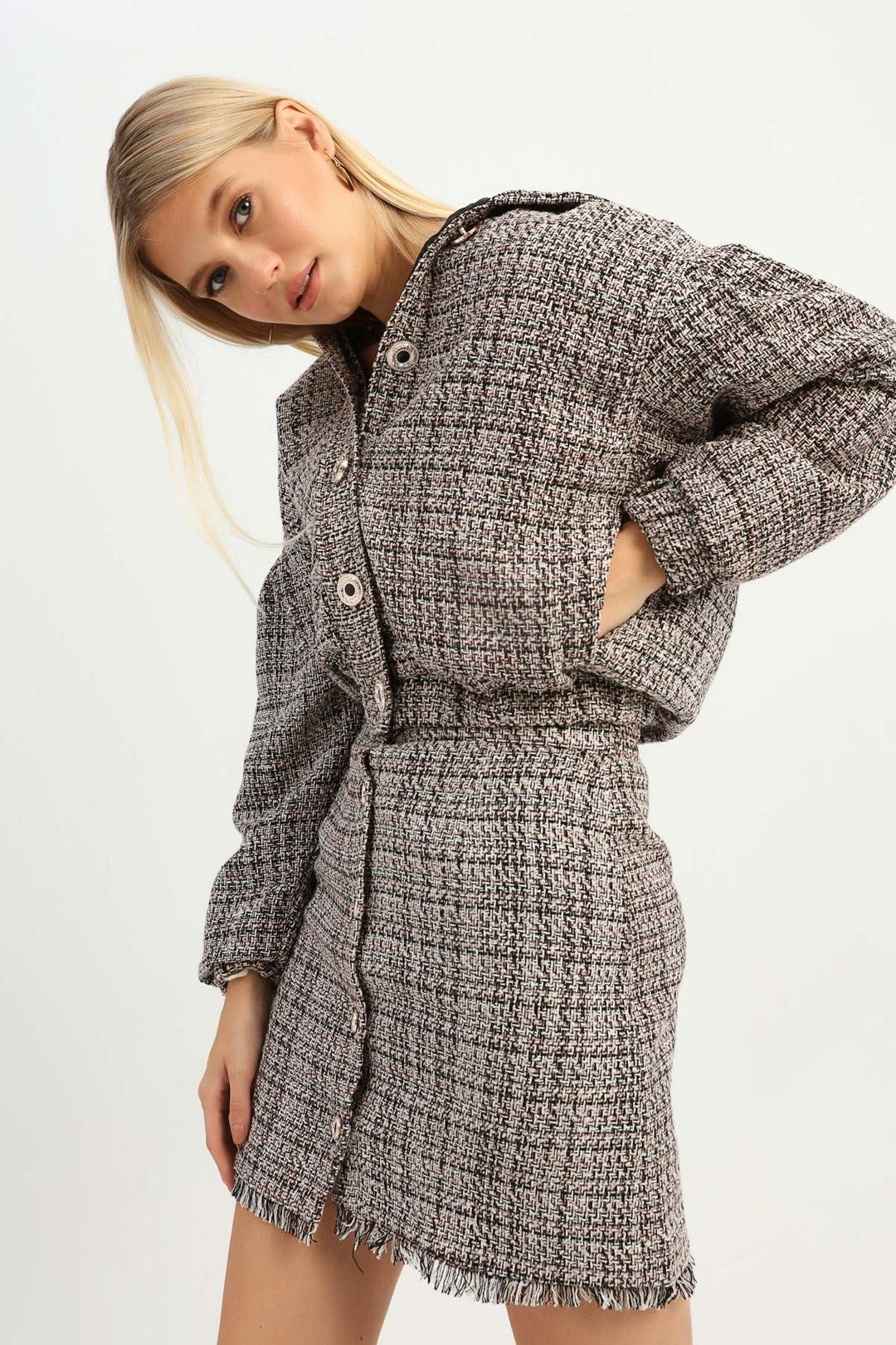 Beli Lastikli Bomber Tüvit Ceket Pudra