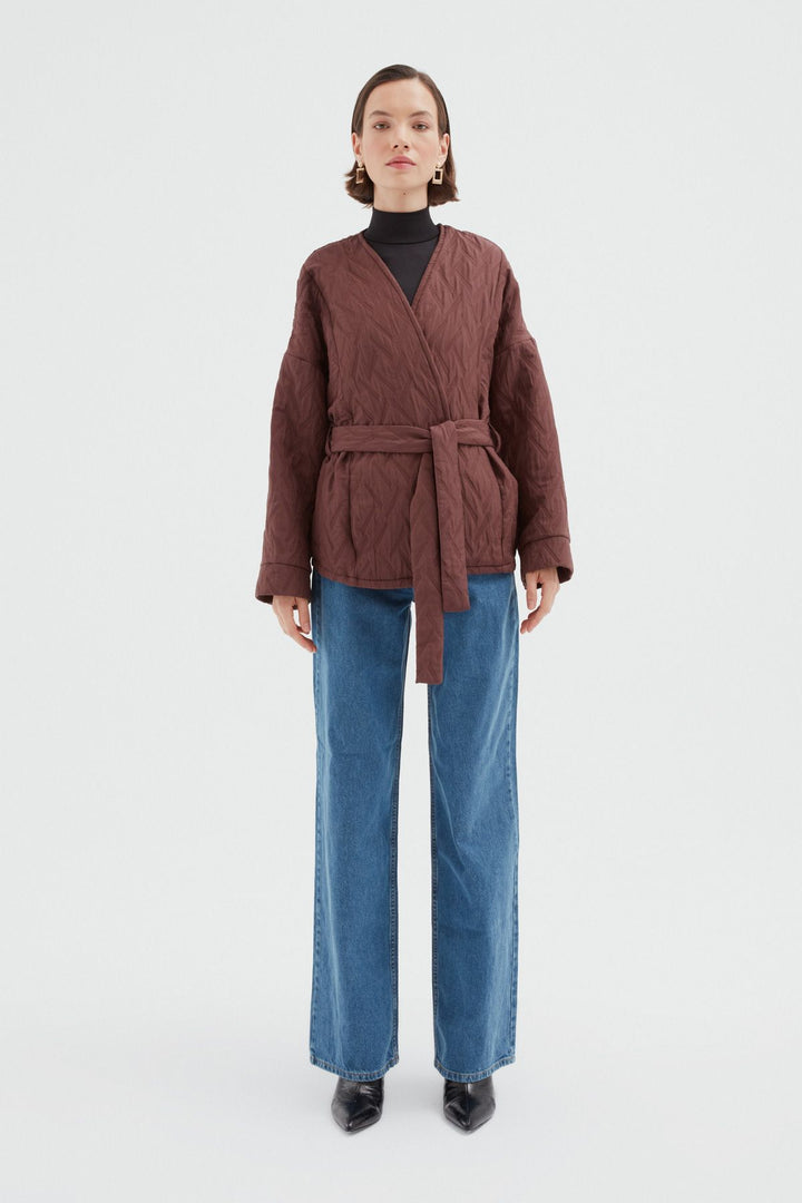 Bağlamalı Kapitone Ceket Kahverengi