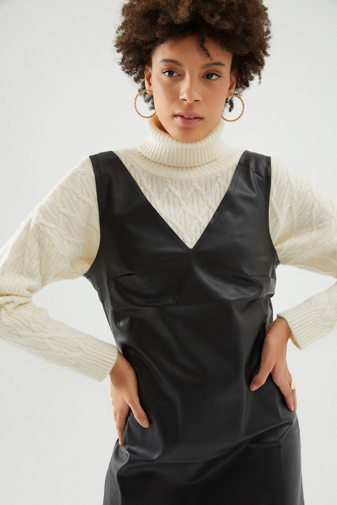 V Neck Leather Dress Black