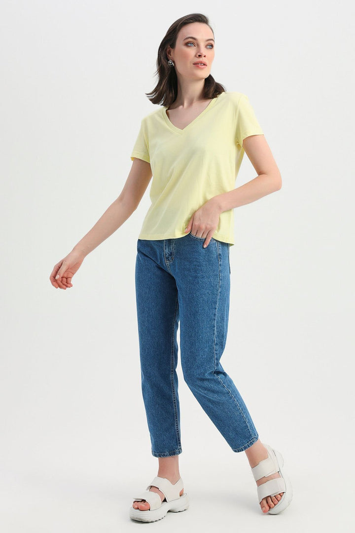 Vatkalı V Yaka Tişört Sarı