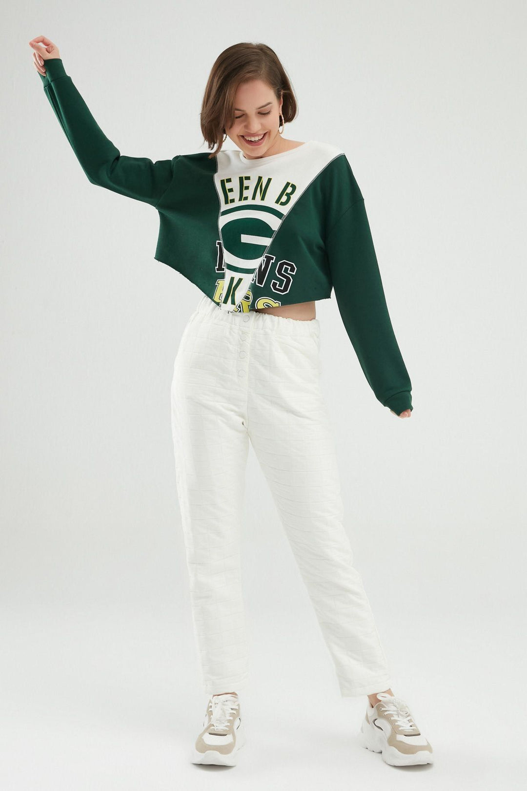 Baskılı Crop Sweatshirt Koyu Yeşil