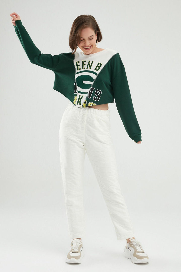 Baskılı Crop Sweatshirt Koyu Yeşil