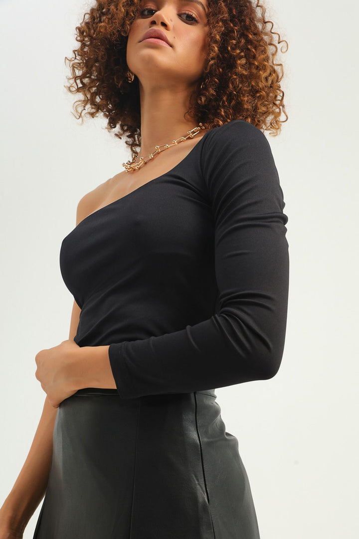 Tek Omuz Crop Bluz Siyah