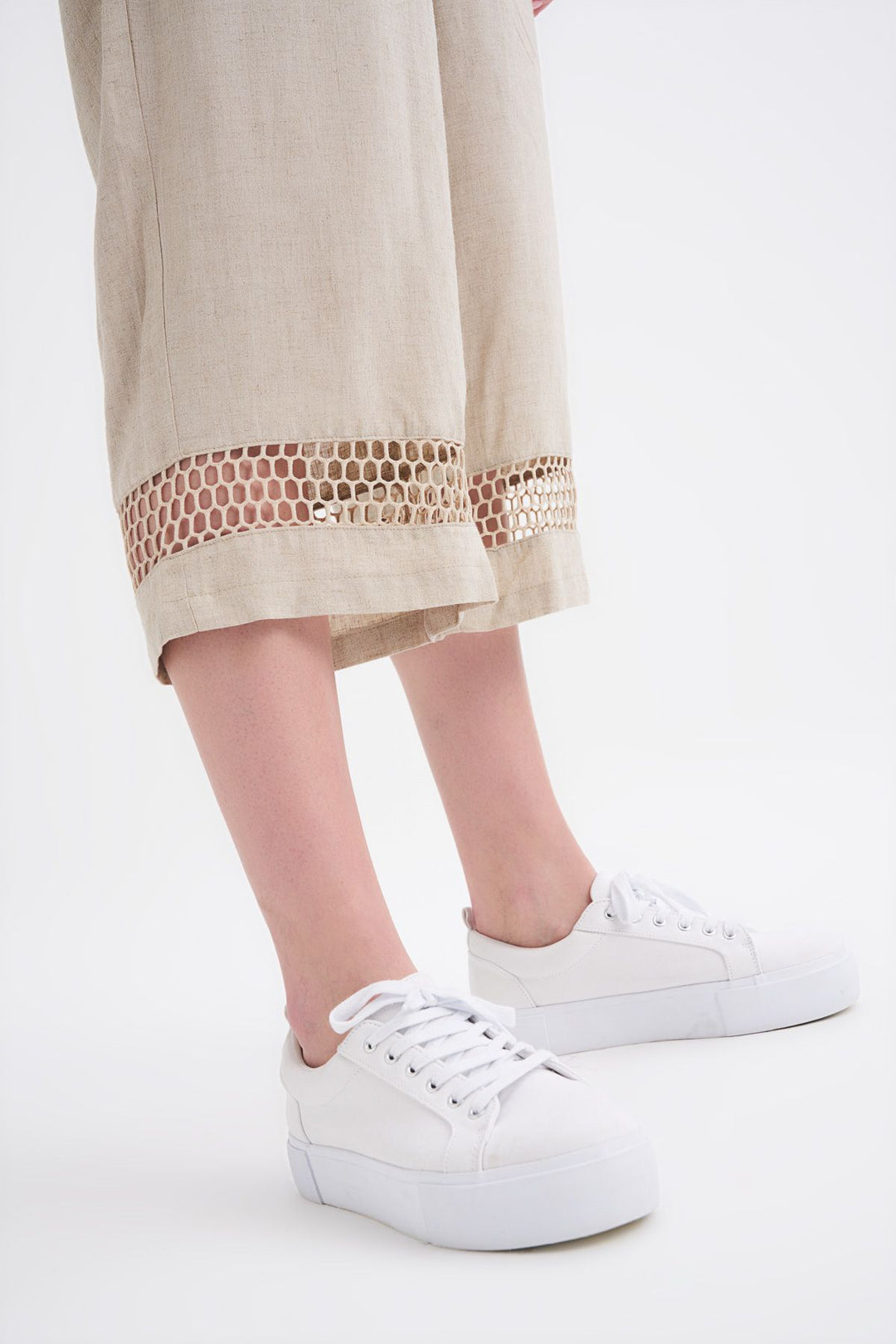 File Detaylı Keten Pantolon Bej