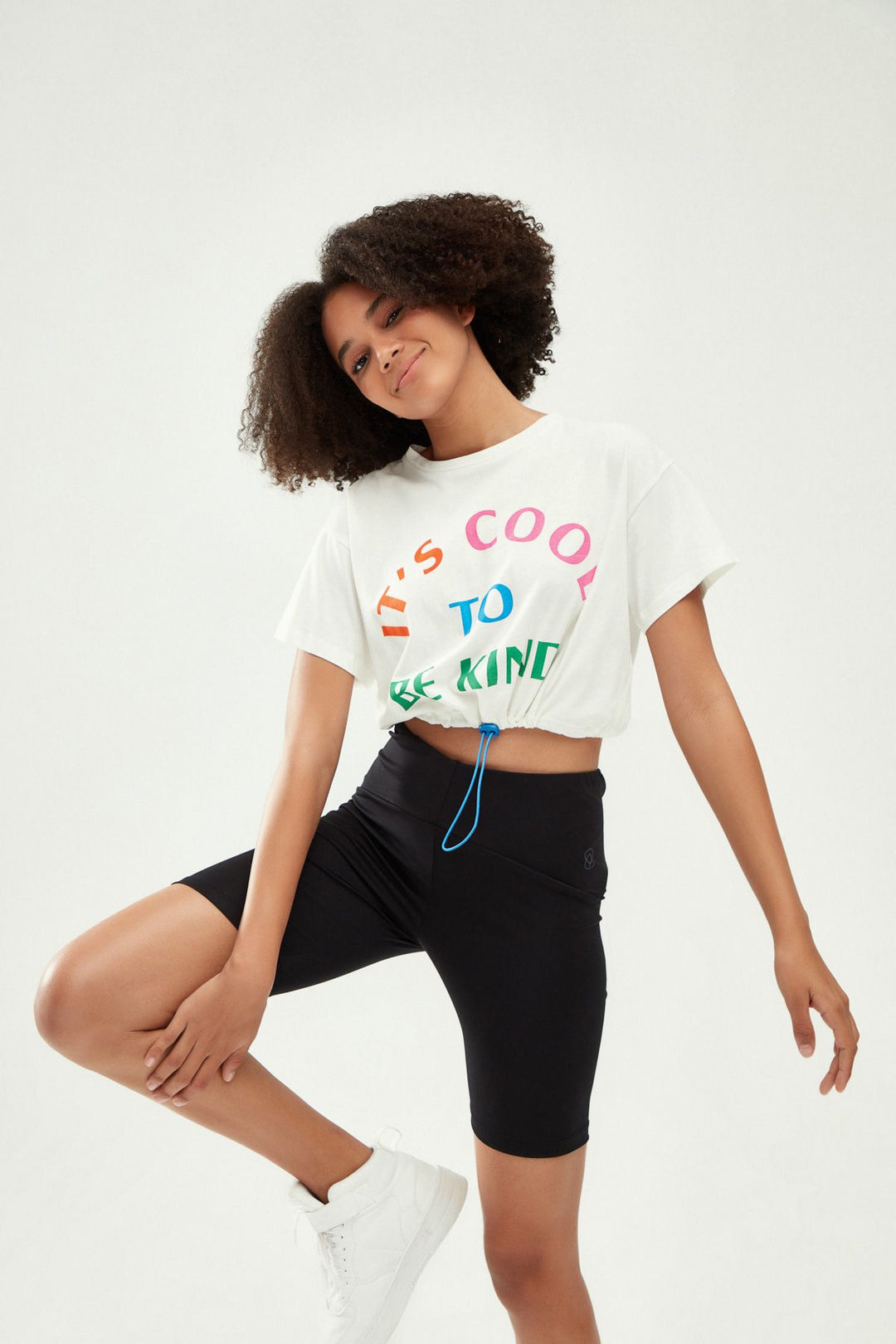 Printed Pleated Crop T-Shirt White