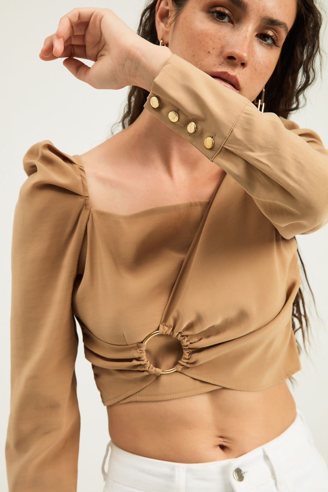 Buckle Detailed Balloon Sleeve Blouse Camel