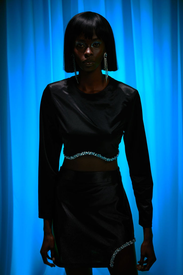 Stone Satin Crop Blouse Black