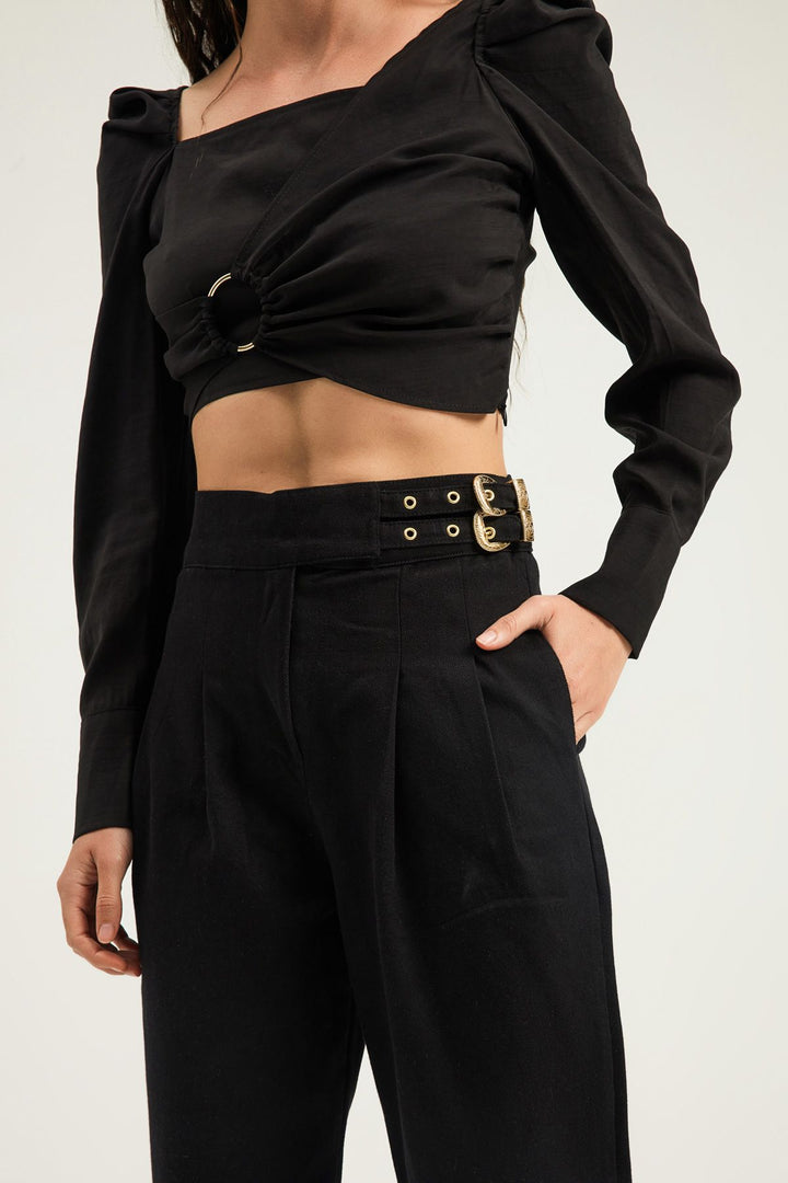 Tokalı Gabardin Yüksek Bel Pantolon Siyah