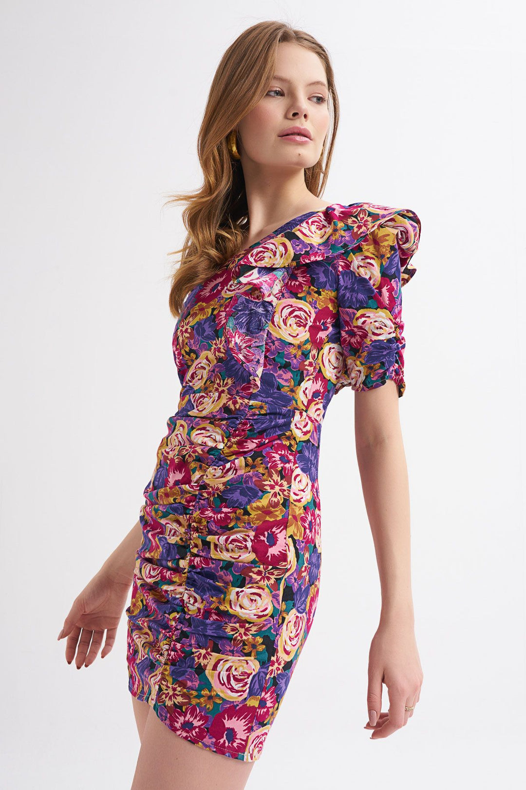 Floral Patterned One Shoulder Dress Purple