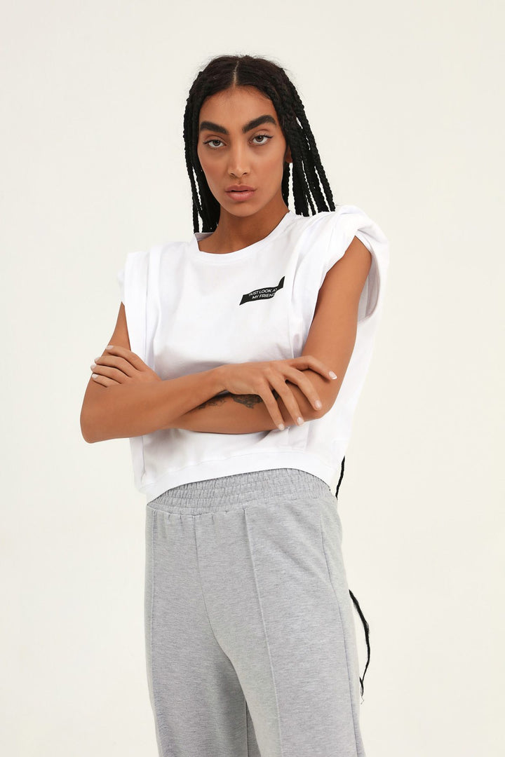 Baskılı Vatkalı Crop Tişört Beyaz