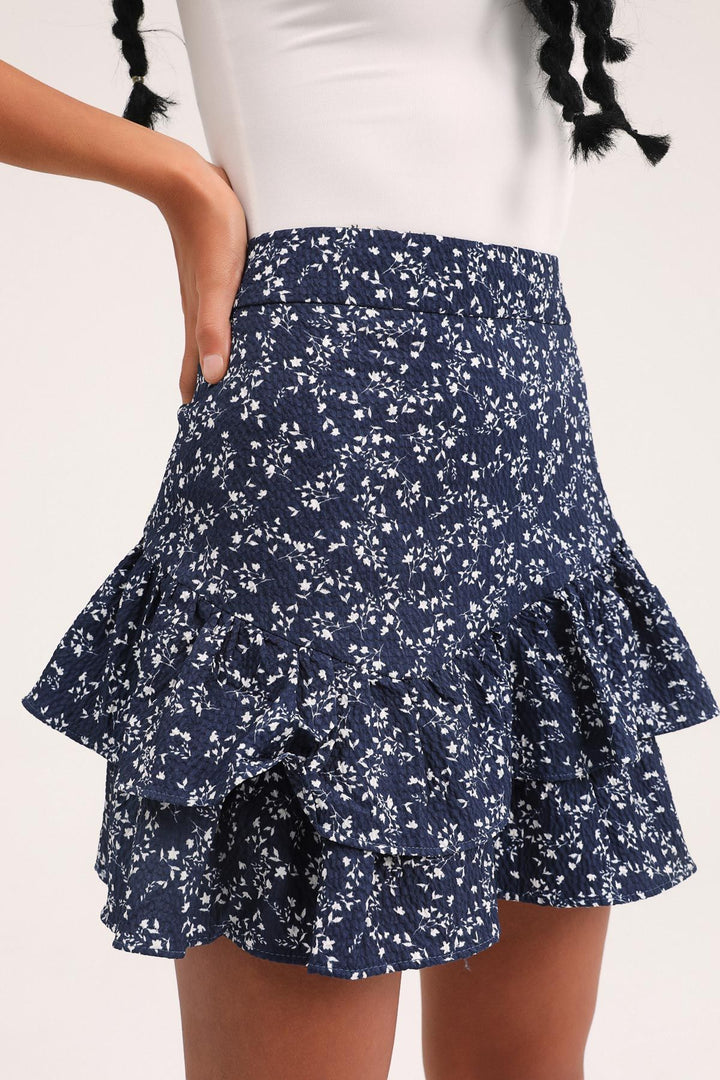 Floral Patterned Ruffle Mini Skirt Indigo