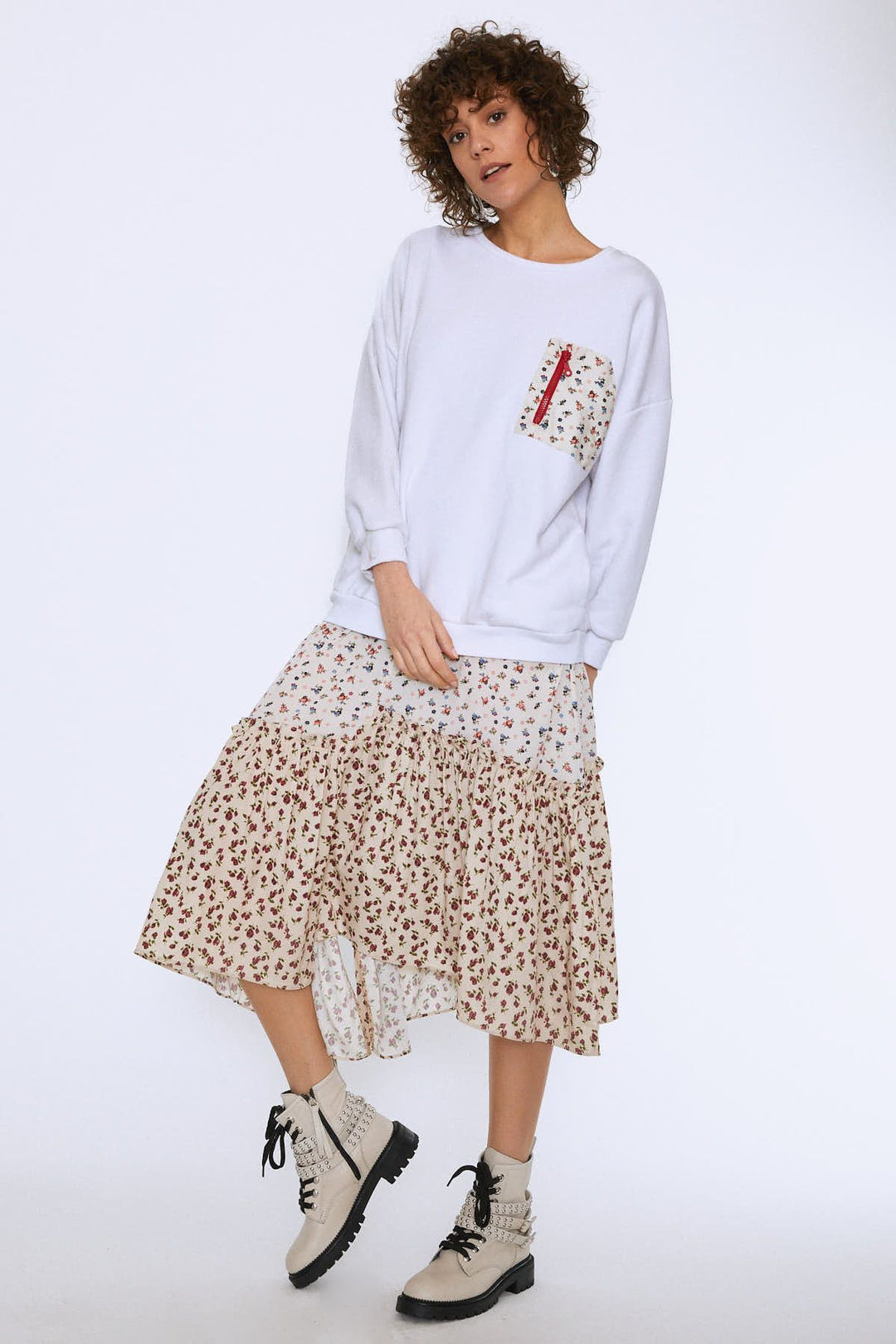 Patterned Pocket Detailed Dress White