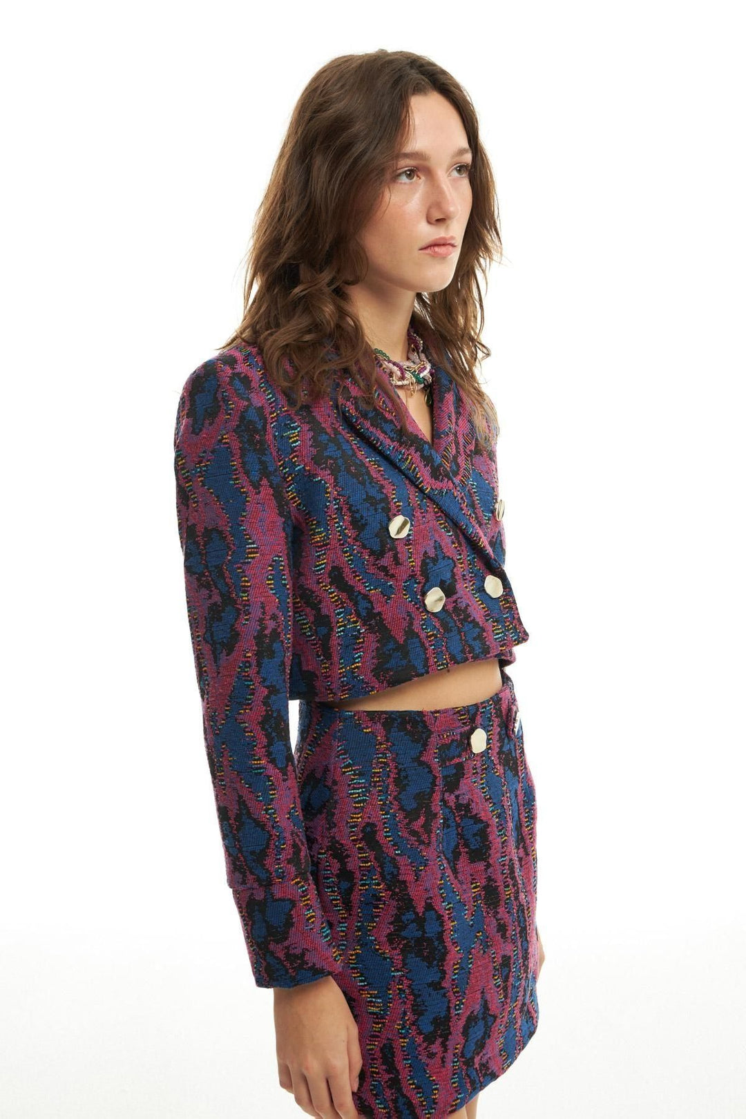 Renkli Desenli Crop Ceket Fuşya
