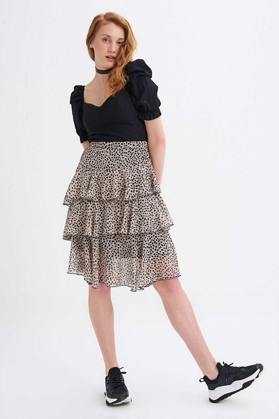 Polka Dot Tiered Midi Skirt Beige