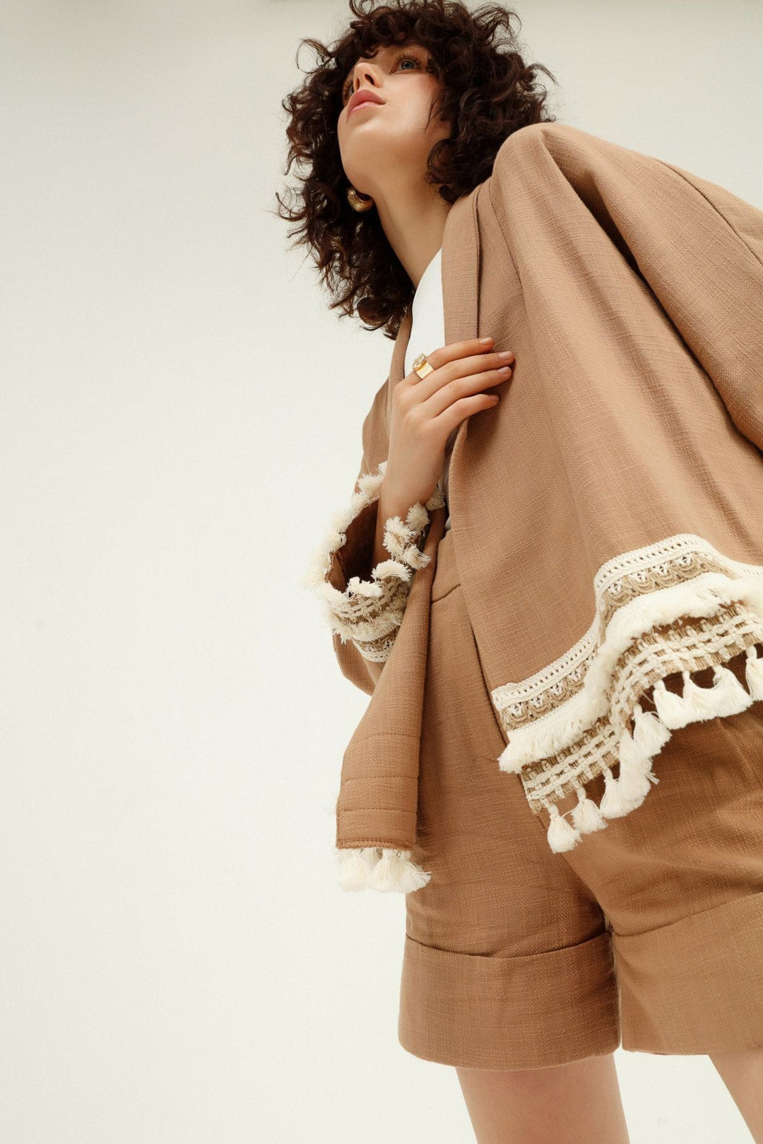 Püsküllü Şal Yaka Ceket Camel