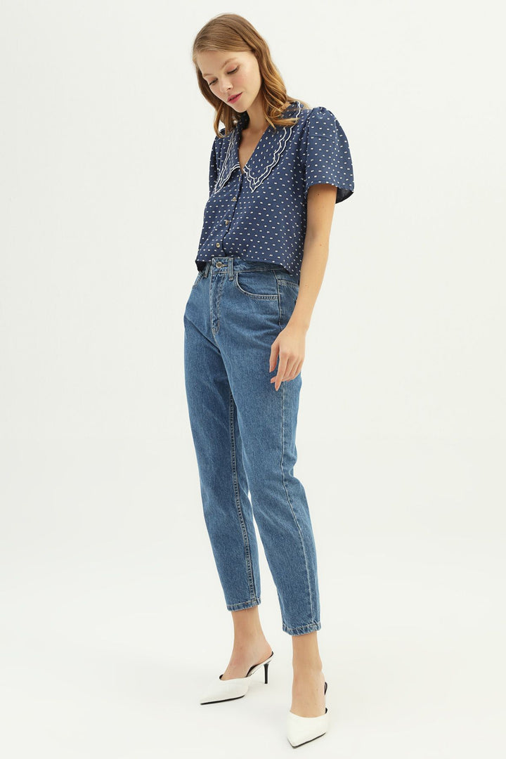 Embroidered Collar V-Neck Shirt Indigo