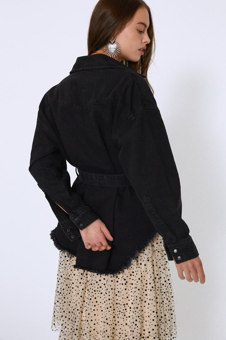 Belted Long Denim Jacket Anthracite