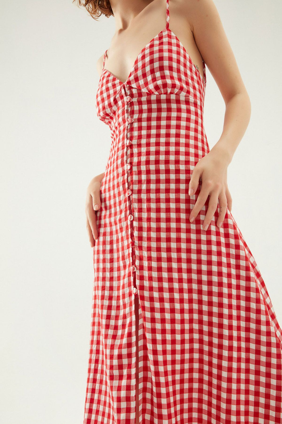 Düğmeli Ekose Elbise Kırmızı