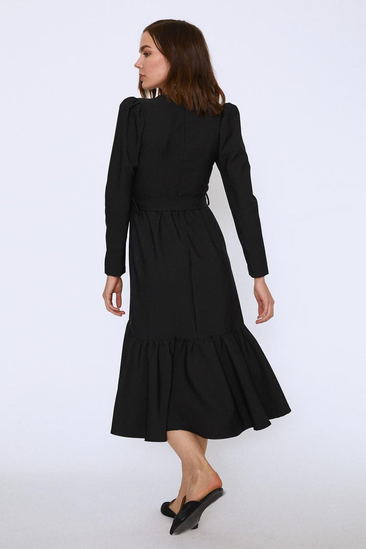 Watermelon Sleeve V Neck Midi Dress Black