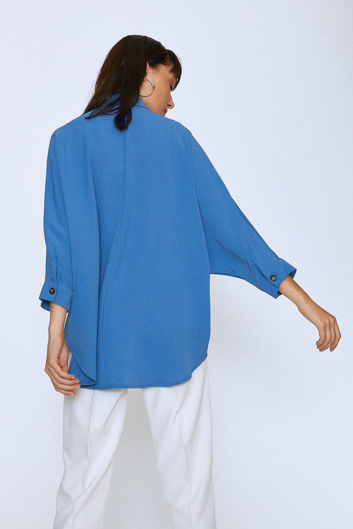 Uzun Oversize Cepli Gömlek İndigo