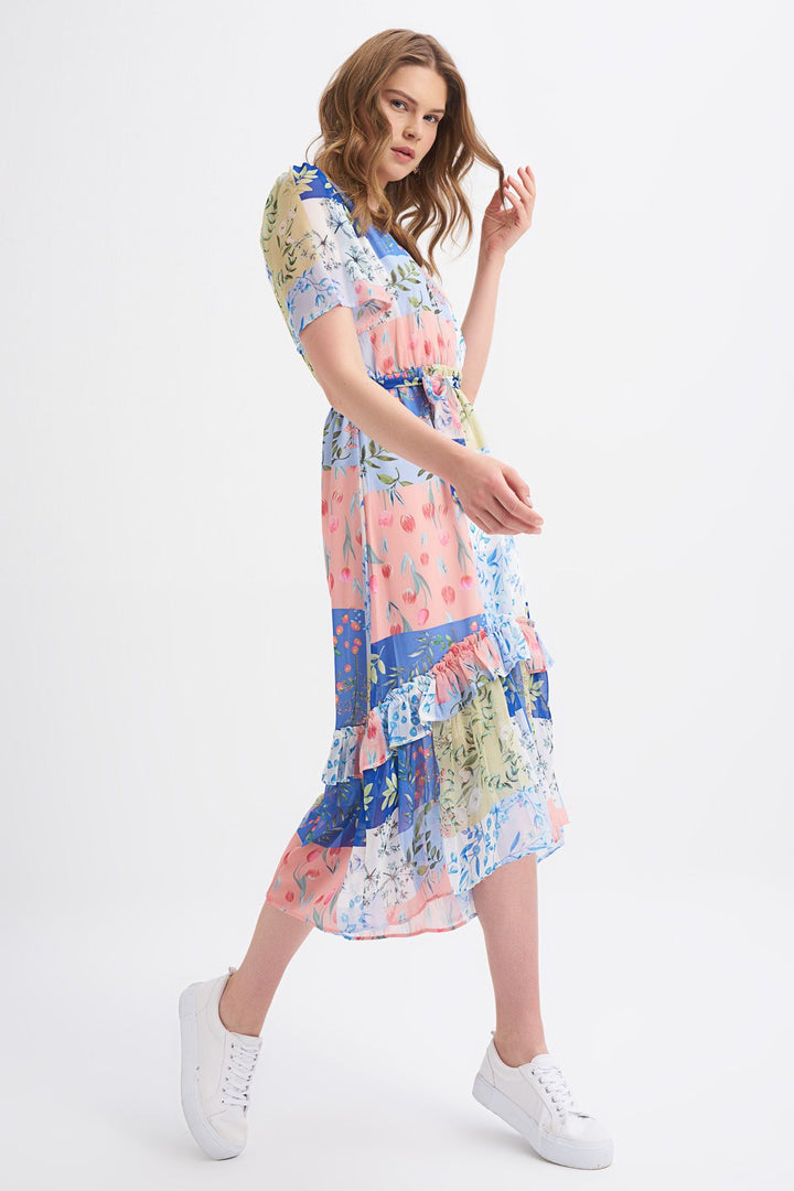 Patterned V-Neck Frilly Dress Indigo