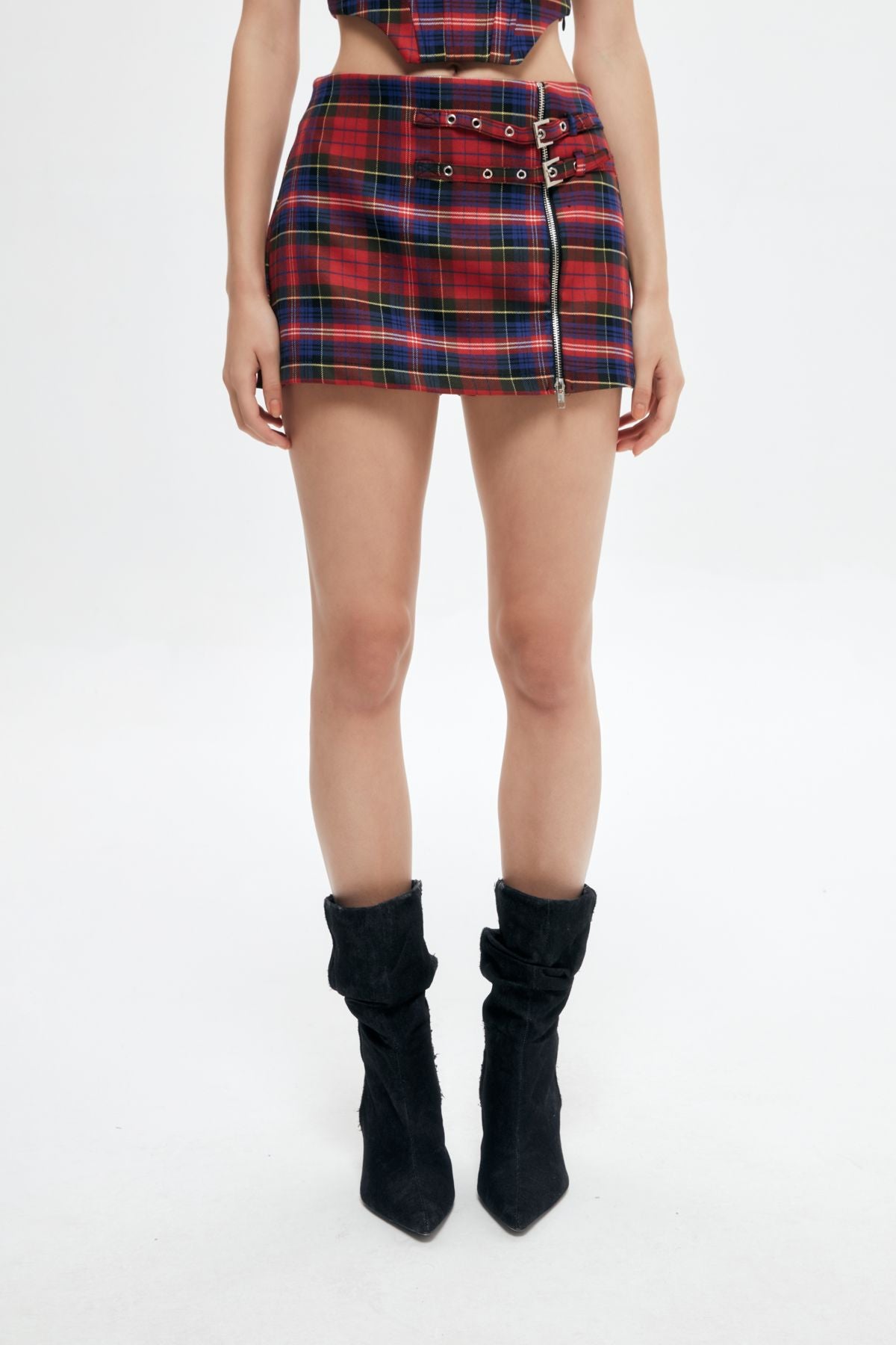 Zipper Detailed Checked Mini Shorts Skirt Red