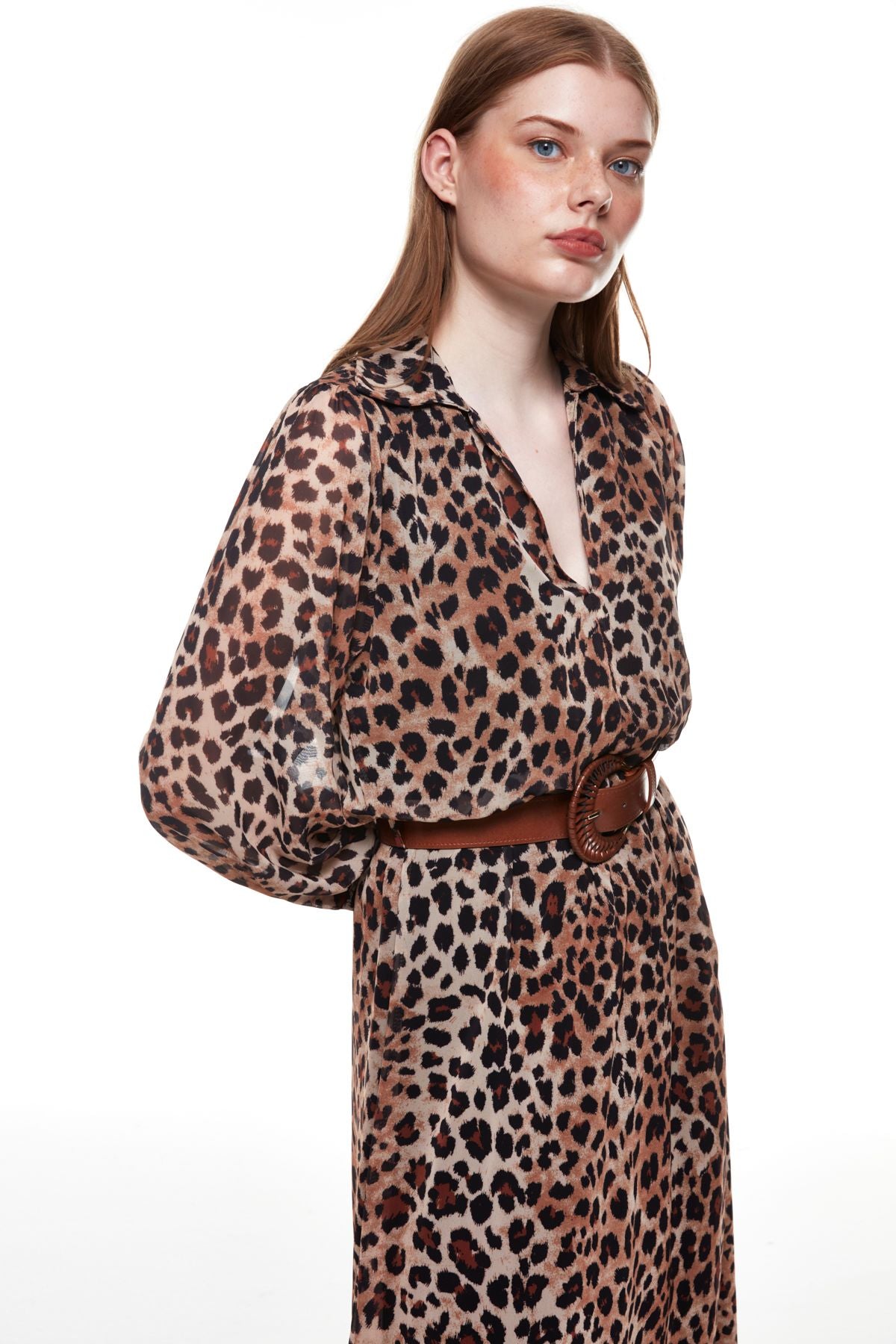 Leopard Long Dress Brown with Belt Detail