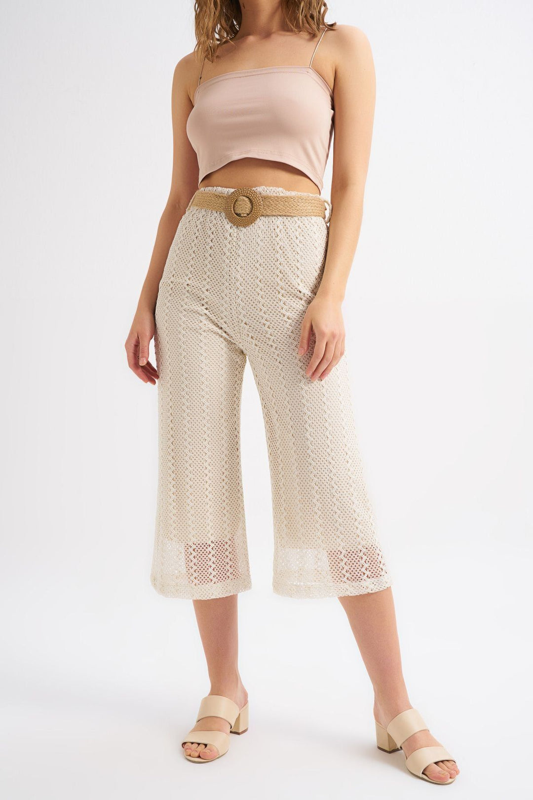 Güpür Hasır Kemerli Pantolon Ekru