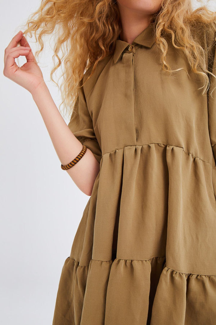 Shirt Collar Raglan Sleeve Dress Khaki
