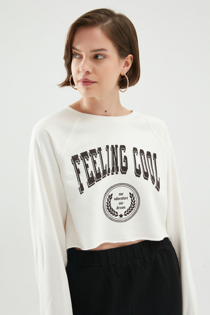 Baskılı Zincir Detaylı Sweatshirt Beyaz