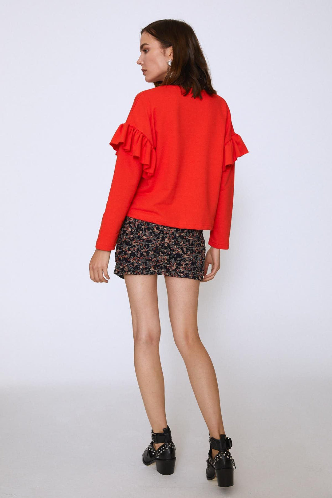 Crew Neck Sleeves Frilly Sweatshirt Orange