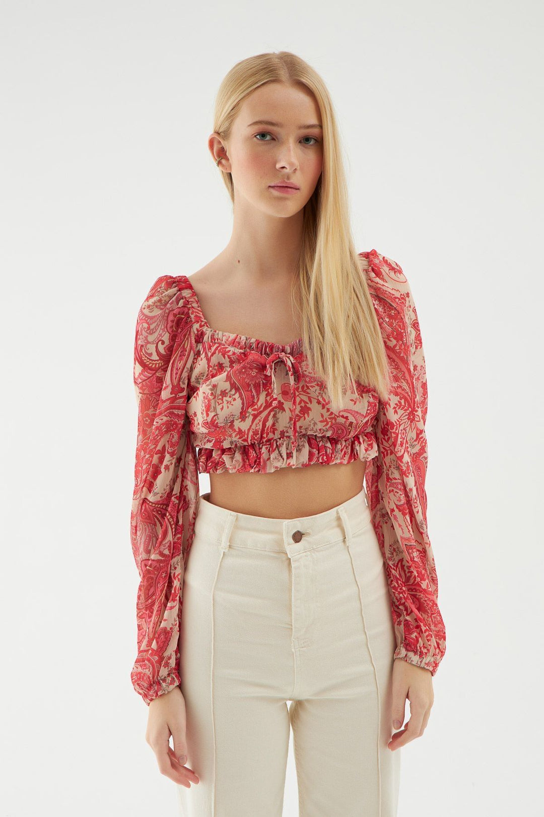 Translucent Ruffled Cropped Blouse Ruffle Detailed Crop Blouse Pink – QUZU