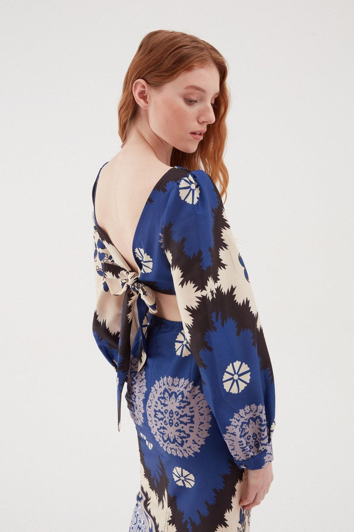 Desenli Cut Out Midi Elbise Lacivert
