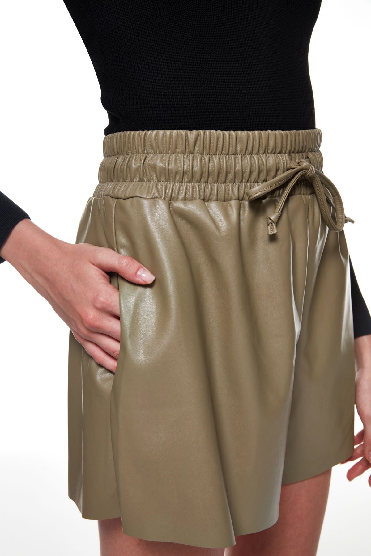 Elastic Waist Leather Mini Shorts Khaki
