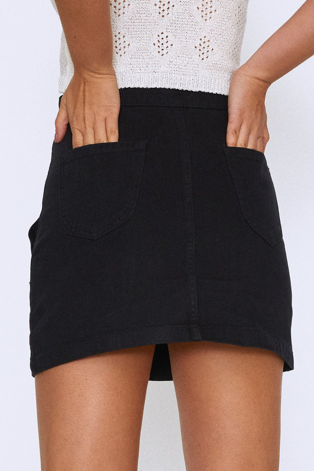 Önü Fermuarlı Cepli Kot Etek Siyah