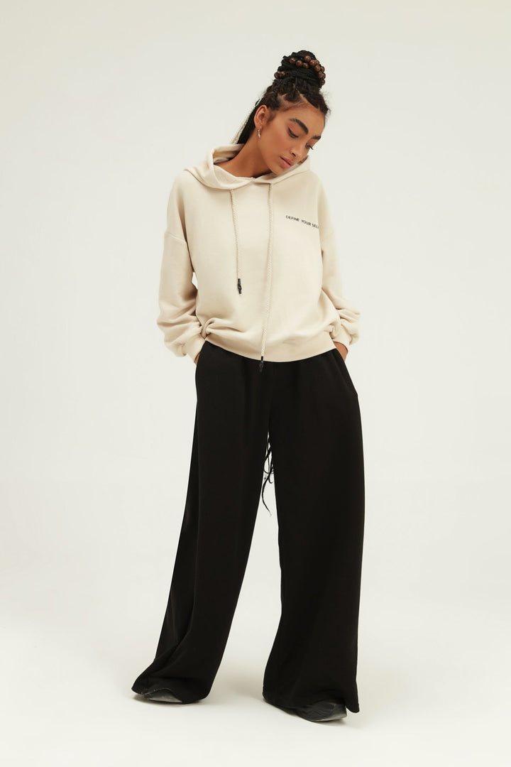 Baskılı Kapüşonlu Sweatshirt Bej